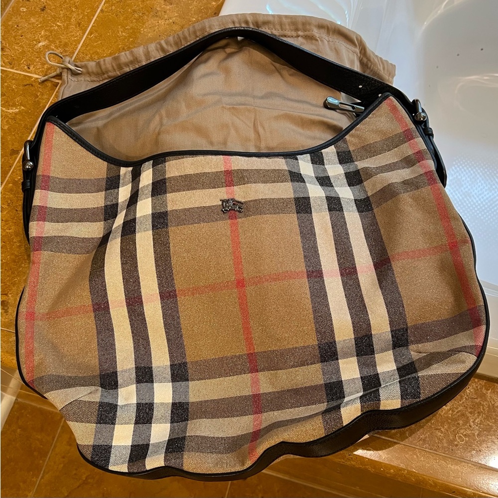 Burberry Beige and Black Check Hobo Bag